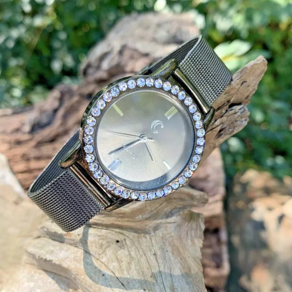 Clarissa Camusso Black Gunmetal/Gemmed Mesh Bracelet Dress Watch New Battery!